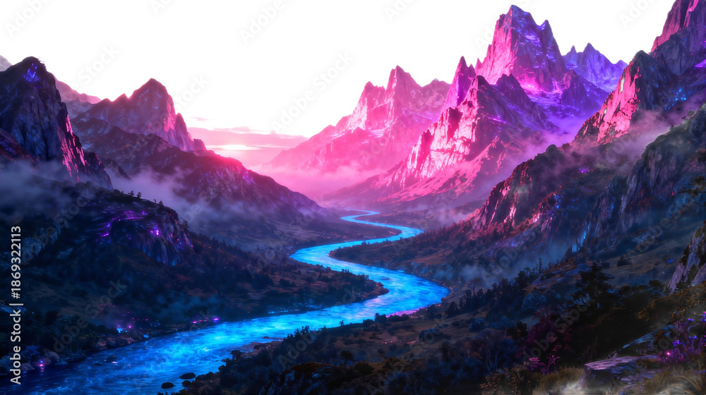 Obraz premium Magical Mountain Valley with Neon River at Dusk