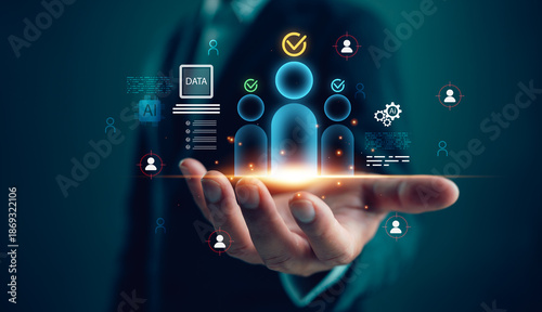 Businessman using AI and data analysis to identify target audience. Concept of customer segmentation, partner profiling, predictive analytics, CRM system, and strategic business intelligence.