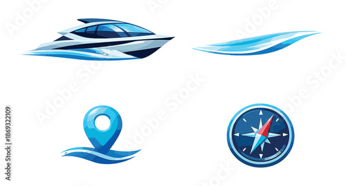 Stylized yacht wave location and compass symbols on dark background