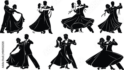 Elegant black silhouette couple dancing ballroom dance various poses formal attire flowing dress partner connection classic style vector art detailed movement emotional expression choreography