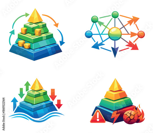 Colorful abstract icons representing network, finance, growth, and risk concepts