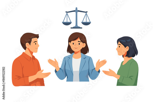 Three people interacting with scales of justice symbol