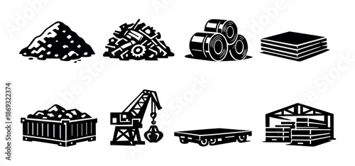 Industrial icons: metal, wood, and equipment silhouettes on black background