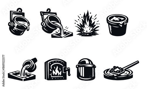 Monochrome industrial icons: metal pouring and foundry tools