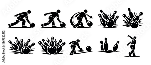 Black and white bowling icon set with bowlers and pins silhouettes