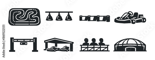 Go-kart racing icons: track, karts, helmets, pit stop, spectators