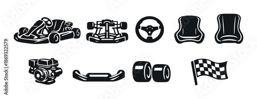 Monochrome go-kart symbols: kart, engine, tires, steering wheel, checkered flag