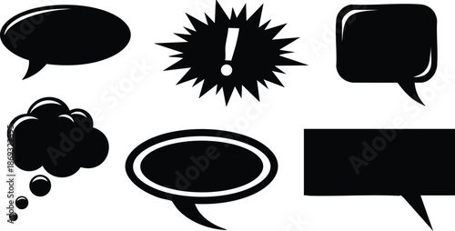 Simple black silhouette speech bubbles set with different shapes including oval cloud burst rectangle and rounded corners vector art collection in flat design style