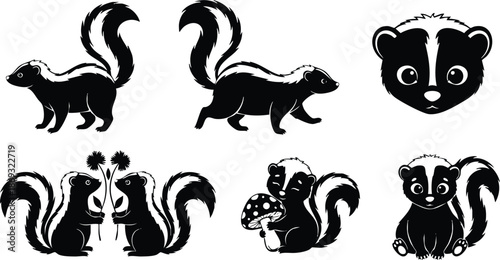 Cute black and white skunk character set with various poses holding mushroom flower and sitting down adorable vector illustration collection in playful style