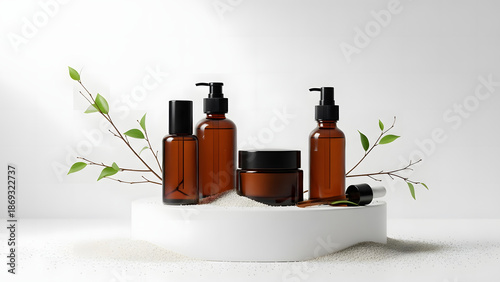 Cosmetic Containers on a White Pedestal with Botanical Elements for Product Display