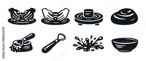 Collection of pottery and ceramics icons including tools and clay work