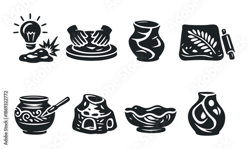 Pottery craft icons: hands on clay, vases, and decorating tools