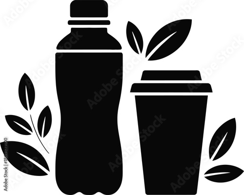 Solid Black Reusable Water Bottle and Coffee Cup Silhouette Sustainable Lifestyle Icon