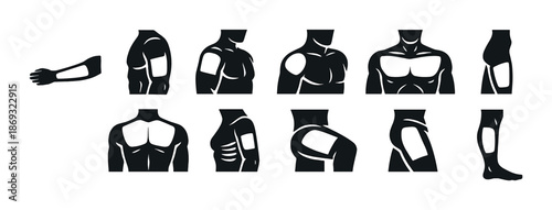 Silhouette icons of various human body joint pain areas on grayscale background