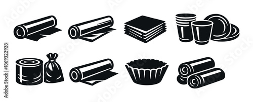Vector icons of disposable kitchen and dining products on dark background