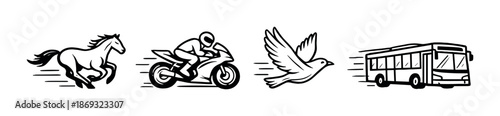 Speed icons: horse, motorcycle, bird, bus on gray background