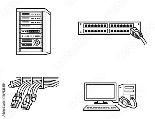 Server room equipment: computer, network hub, ethernet cables, server rack setup