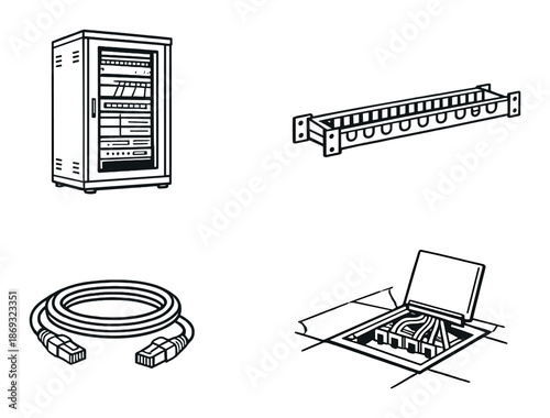 Essential network hardware components: server rack, patch panel, ethernet cable, floor box