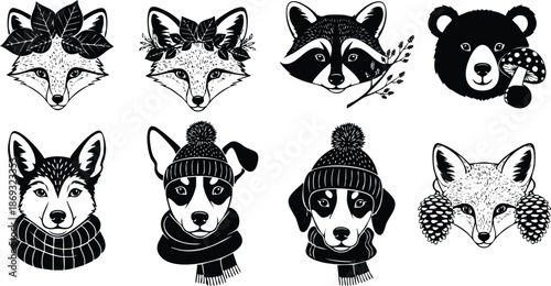 Black and white vector art of foxes raccoon bear and dogs faces adorned with winter hats scarves leaves and pine cones in detailed linework style