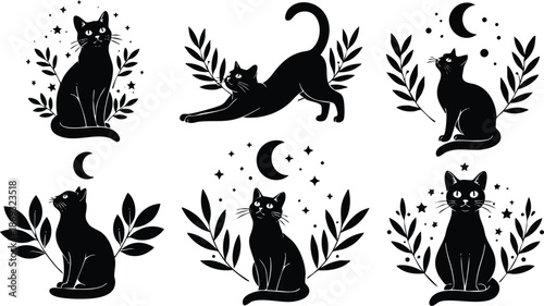 Black cat silhouettes with crescent moons and starry night elements sitting and stretching among leaves flat design set