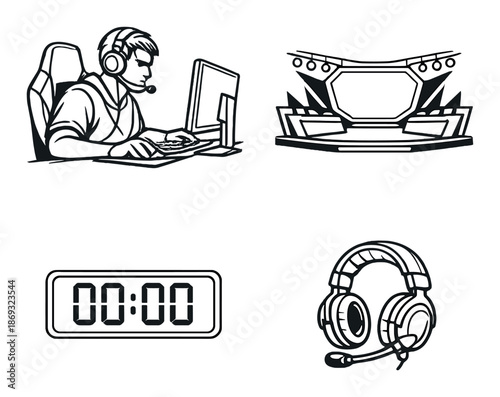 Male gamer streaming setup with headset and computer icons on gray background