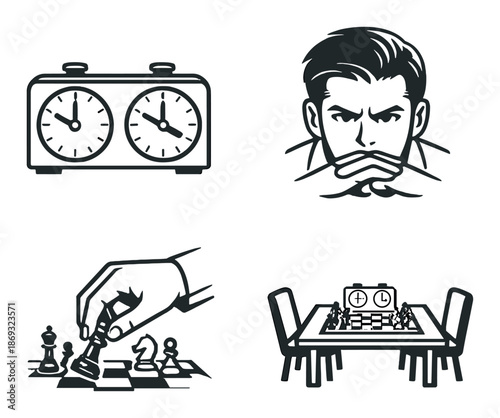 Chess strategy with clock and intense focus in black and white illustration
