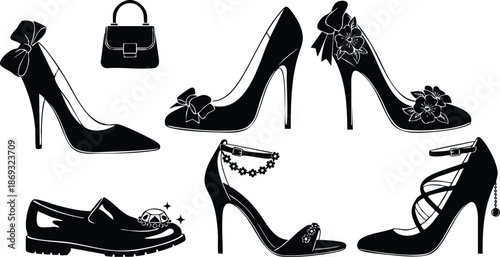 Black silhouette elegant high heel shoes with bows floral decorations ankle straps and shiny loafer shoe with jewel detail and one classic handbag