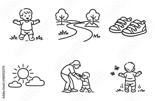 Child learning to walk: path, shoes, sunshine, and parental support