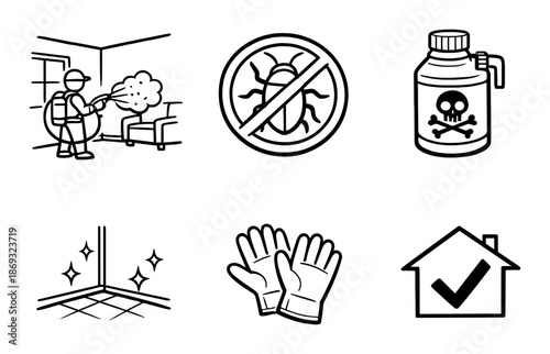 Pest control icons: exterminator, insect, poison, cleanliness, gloves, safe home