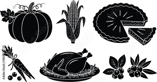Silhouette style detailed vector set of pumpkin corn carrot turkey pie and cranberry food icons perfect for autumn thanksgiving celebration seasonal design elements