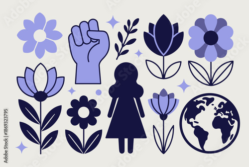 Vector illustration of feminist symbols and nature elements like flowers, a woman, and the earth in a flat design style, representing women's empowerment and environmental awareness.