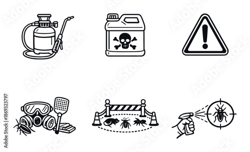 Pest control tools and safety warning icons on dark background