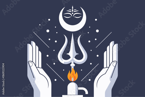 Hands holding a sacred Trishul with a flame, crescent moon, and eye symbol, representing Hindu spirituality.