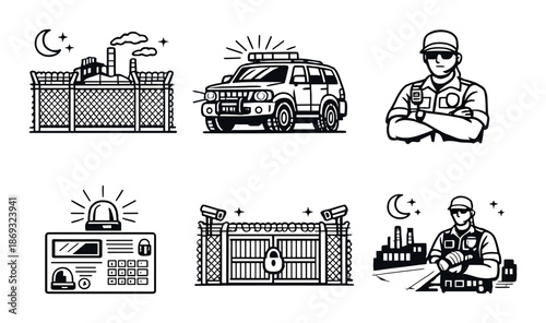 Security system icons featuring guards, surveillance, and industrial site at night