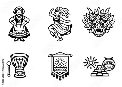 Black and white cultural symbols featuring dancers, mask, drum, banner, pyramid, pottery