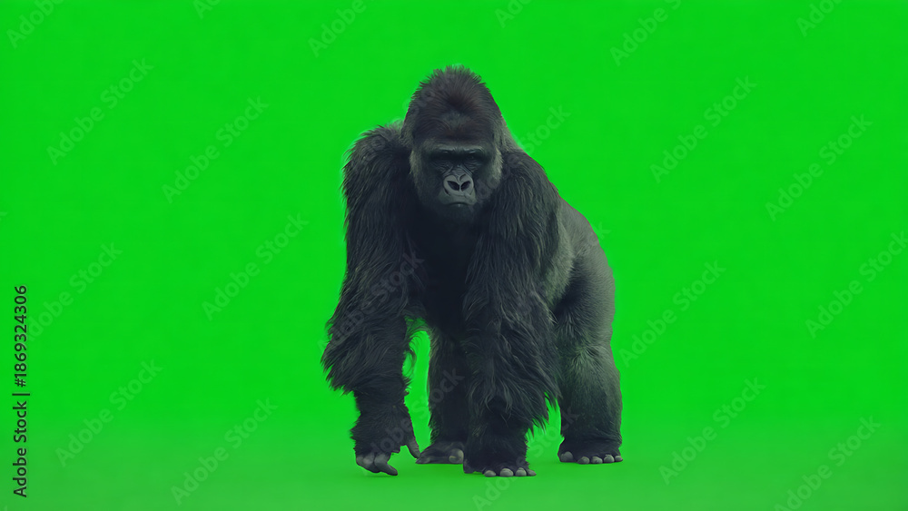 Fototapeta premium A massive western lowland gorilla stands menacingly on a green screen background.