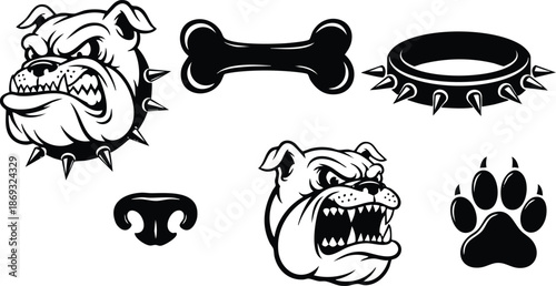 Black and white vector art showing fierce bulldog heads with spiked collars aggressive teeth snarling dog nose bone and paw print icon set in minimalist style