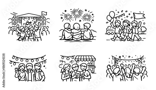 Festival celebrations and community gatherings in line art illustrations