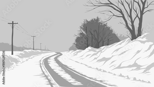 Monochrome illustration of a snow-covered road with tire tracks, lined with telephone poles and trees on a gray background.