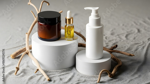 Cosmetic Skincare Products Displayed on White Platforms And Natural Elements