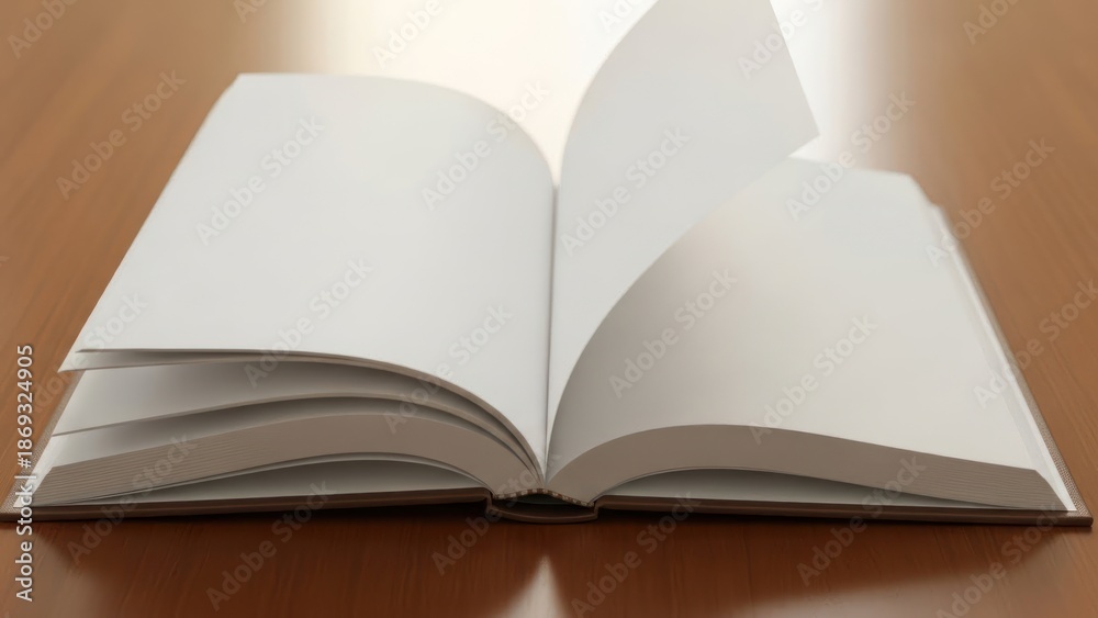 Fototapeta premium Open book on wooden table with blank pages.