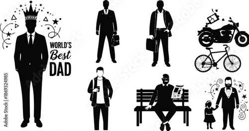 Silhouette vector art collection showing men in suits and casual clothes with accessories motorcycle bicycle bench newspaper father and daughter world best dad crown design
