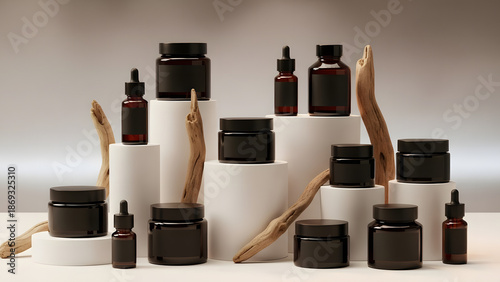 Cosmetic Product Display with Amber Glass Jars for Product Presentation