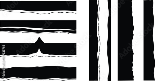 Black and white vector set of torn paper edges with various irregular horizontal and vertical ripped design styles isolated on white background simple decorative elements for modern graphic projects
