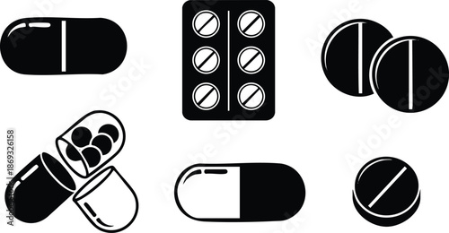 Minimalist black and white vector set of capsules and tablets medical pills open and closed isolated on white background flat design pharmacy icons