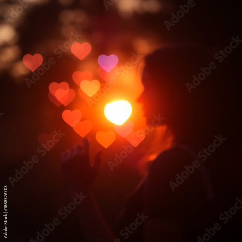 Vibrant and delicate heart shaped light bokeh with soft pink, blue, and purple glows, blending harmoniously to evoke a romantic and intimate mood, with gentle, feathery edges and a warm, ethereal