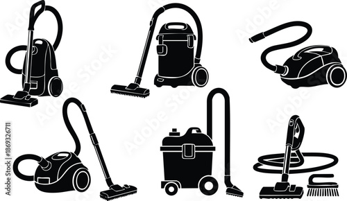 Black silhouette vacuum cleaner vector set showing different models and angles including upright canister and cylinder versions with hoses and nozzles isolated on white background