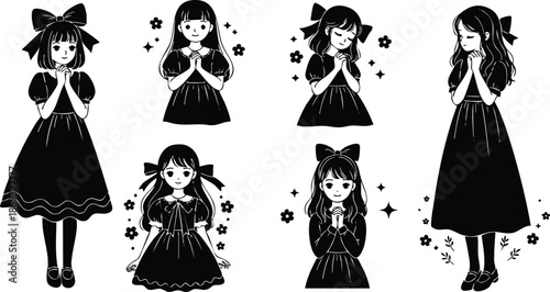 Monochrome vector art of six young girls wearing black dresses with bows praying or meditating with closed eyes and hands clasped surrounded by flowers and stars in peaceful illustration