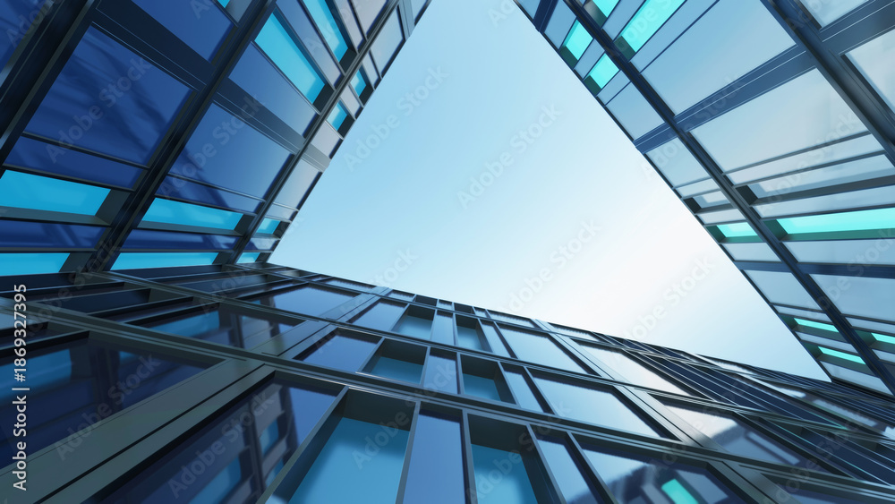 Obraz premium Dynamic view of modern glass skyscrapers forming triangular shape against clear blue sky, showcasing contemporary architecture and urban design., 3d rendering