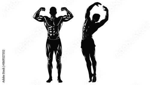 ale bodybuilder and athlete silhouettes showing muscles and flexibility, fitness training and bodybuilding competition concept, gym workout graphic, vector illustration